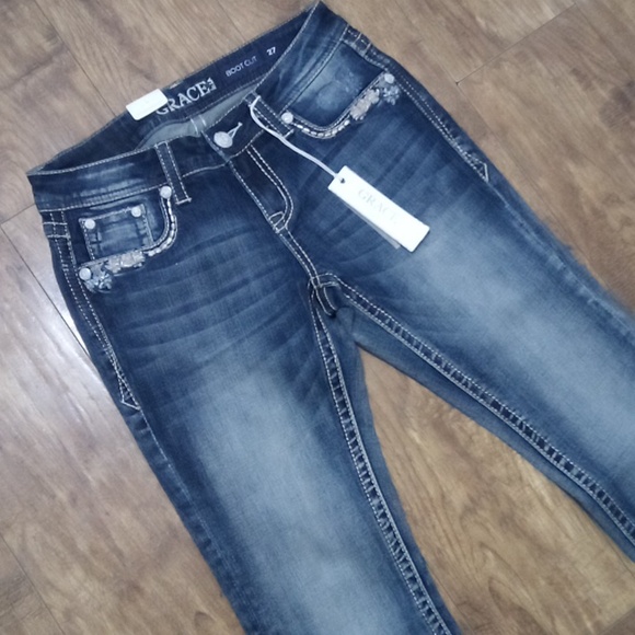 Grace in LA NWT Women's Jeans 27 Embellished Shimmer Fade Boot Cut - Picture 2 of 7